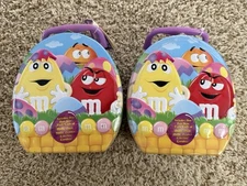 Lot Of 2 M&M spring easter egg lunchbox 7" tin candy box 2000s 1 Sealed 1 Empty