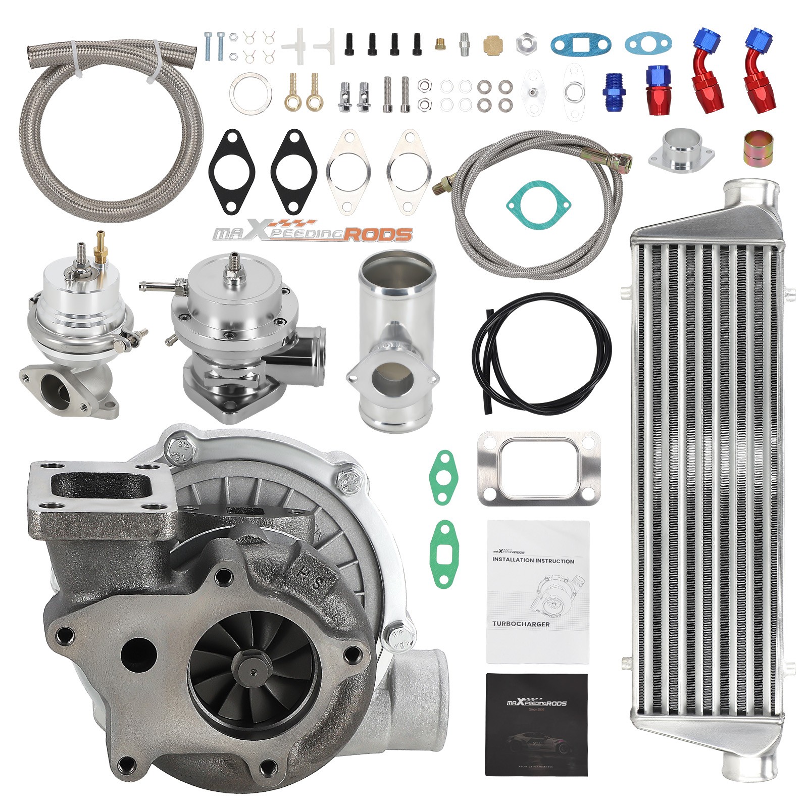 T04E Universal Turbo T3 T4 Flange Turbocharger Intercooler Oil Line +Wastegate