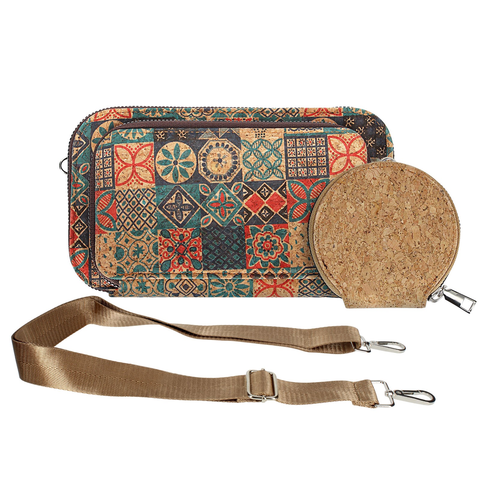 Pochette liège Avizar triple compartiment zippé au design de céramique traditionnelle