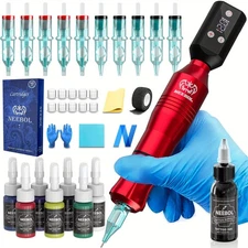 Wireless Tattoo Kit Complete for Beginners Pen Machine with Power Supply Needles