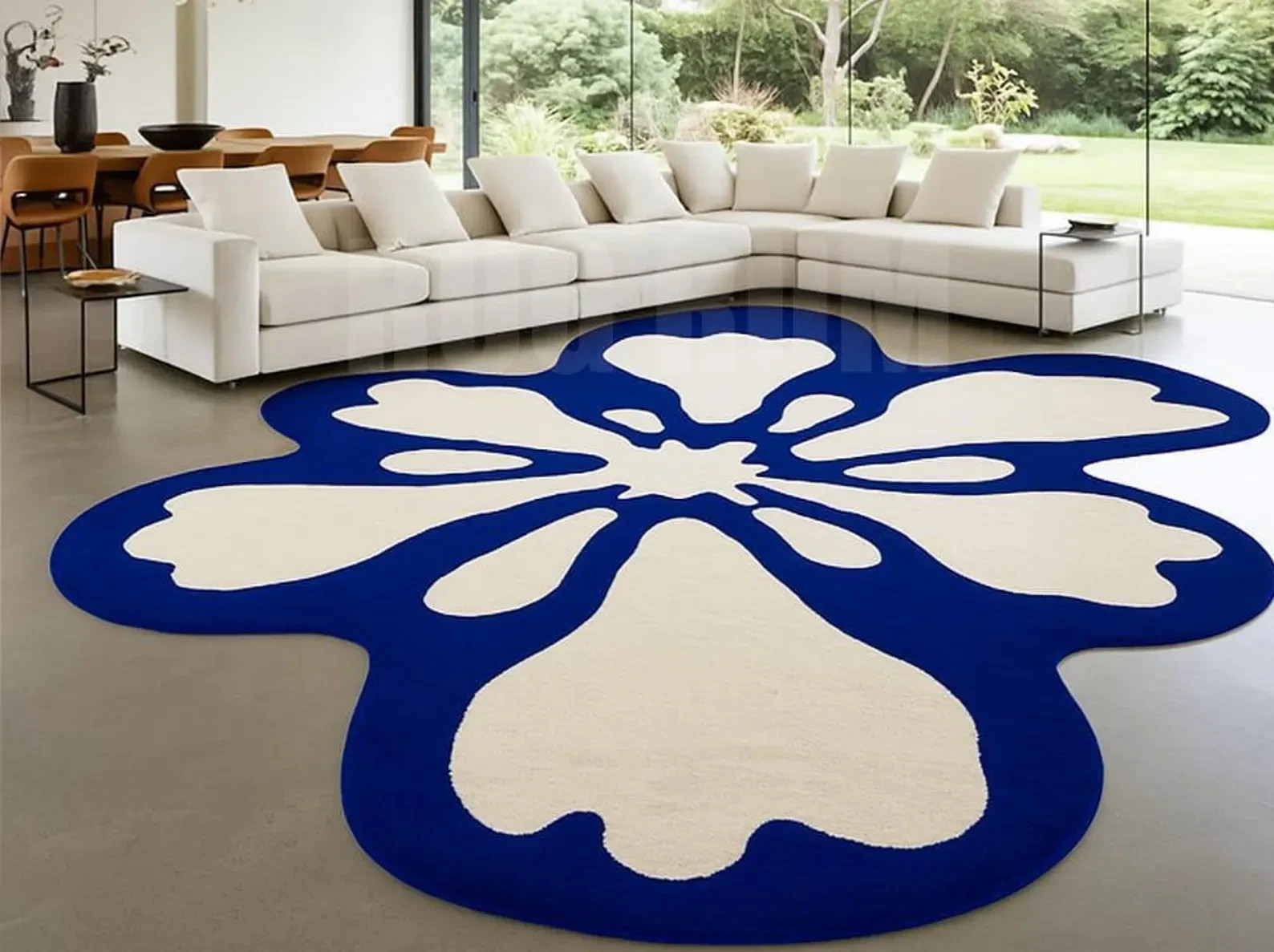 Oversized Floral Area Rug: Modern Blue & White Flower Carpet