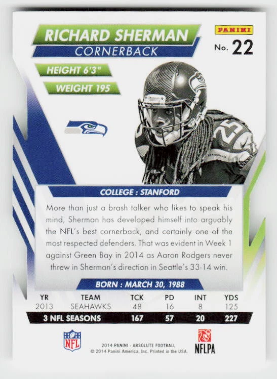 2014 Panini Absolute #22 Richard Sherman Retail - Image 2 of 2