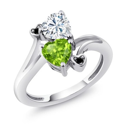 925 Sterling Silver White Moissanite Peridot and Black Diamond Ring For Women