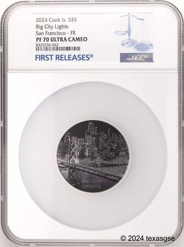 2024 Cook Islands Silver $5 San Francisco Big City Lights NGC PR70 First Release