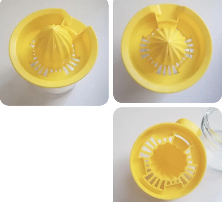 Exprimidor de limón vintage tapa amarilla con base de tarro de vidrio Gemco capacidad 12 oz EE. UU. Foto 3 de 4