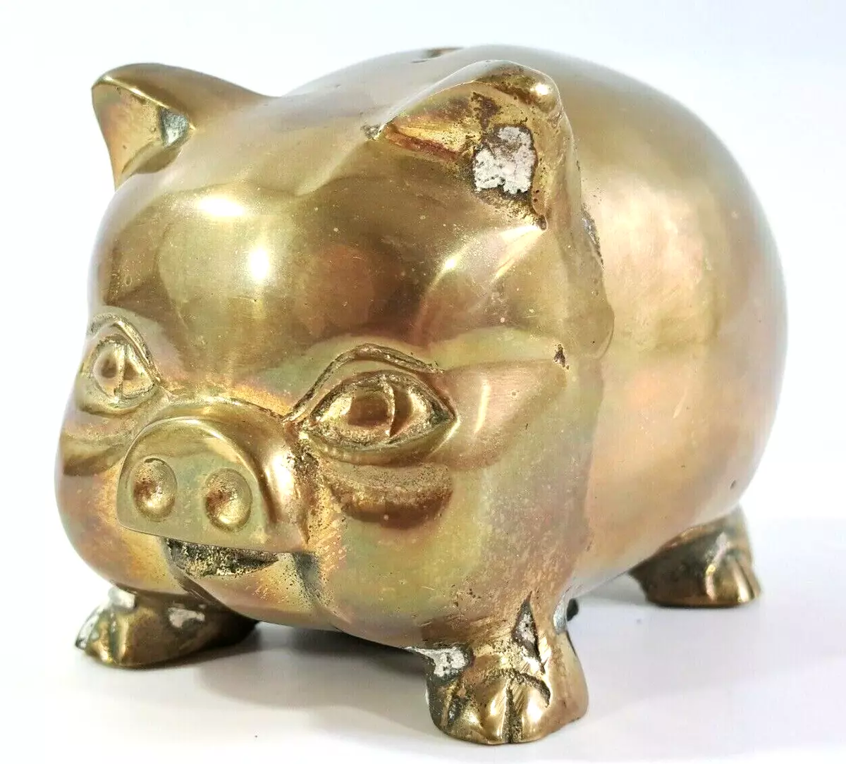 Vintage Brass Pig Piggy Bank with Stopper Cap Original Patina 4.5