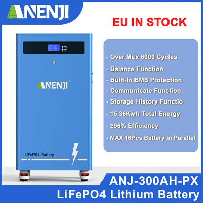 ANENJI 15KWh 48V Batteriespeicher 51.2V 300Ah LiFePO4 Speicher PV Solar Li-Ionen-Akku