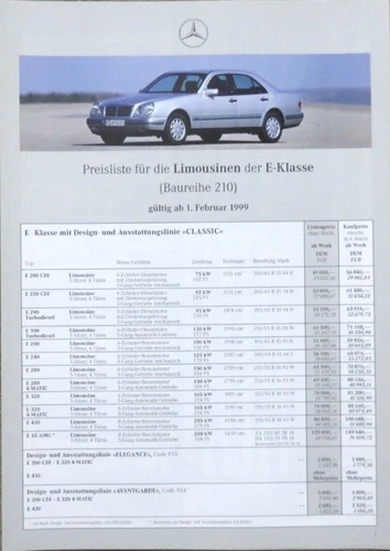 Mercedes E-Klasse Limousine W210 Preisliste price list von 2/1999 (RB)