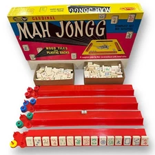 CARDINAL MAH JONGG 140 SET 164 WOOD TILES  RED PLASTIC RACKS BIG JOKER VTG