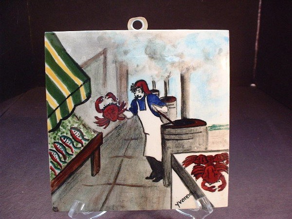 Azulejo artístico de colección Gladding Mcbean Hptd Fish Market Hermosa California firmado por artista