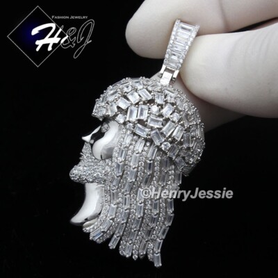 MEN 925 STERLING SILVER ICY BLING BAGUETTE CZ 3D JESUS SIDE FACE ...