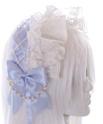 C-06-7 Blau Zofe Maid Lolita Haarband mit Schleife Perlenkette Gothic Cosplay