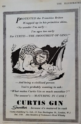 1954 Curtis Gin caveman cave man vintage art ad