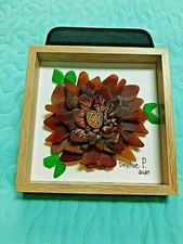Medium Sea Glass Amber Sunflower on Natural wood frame, OOAK 215