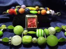 Woman's Geneva Watch with 2 Bands Green Multi B111-B132 ZC
