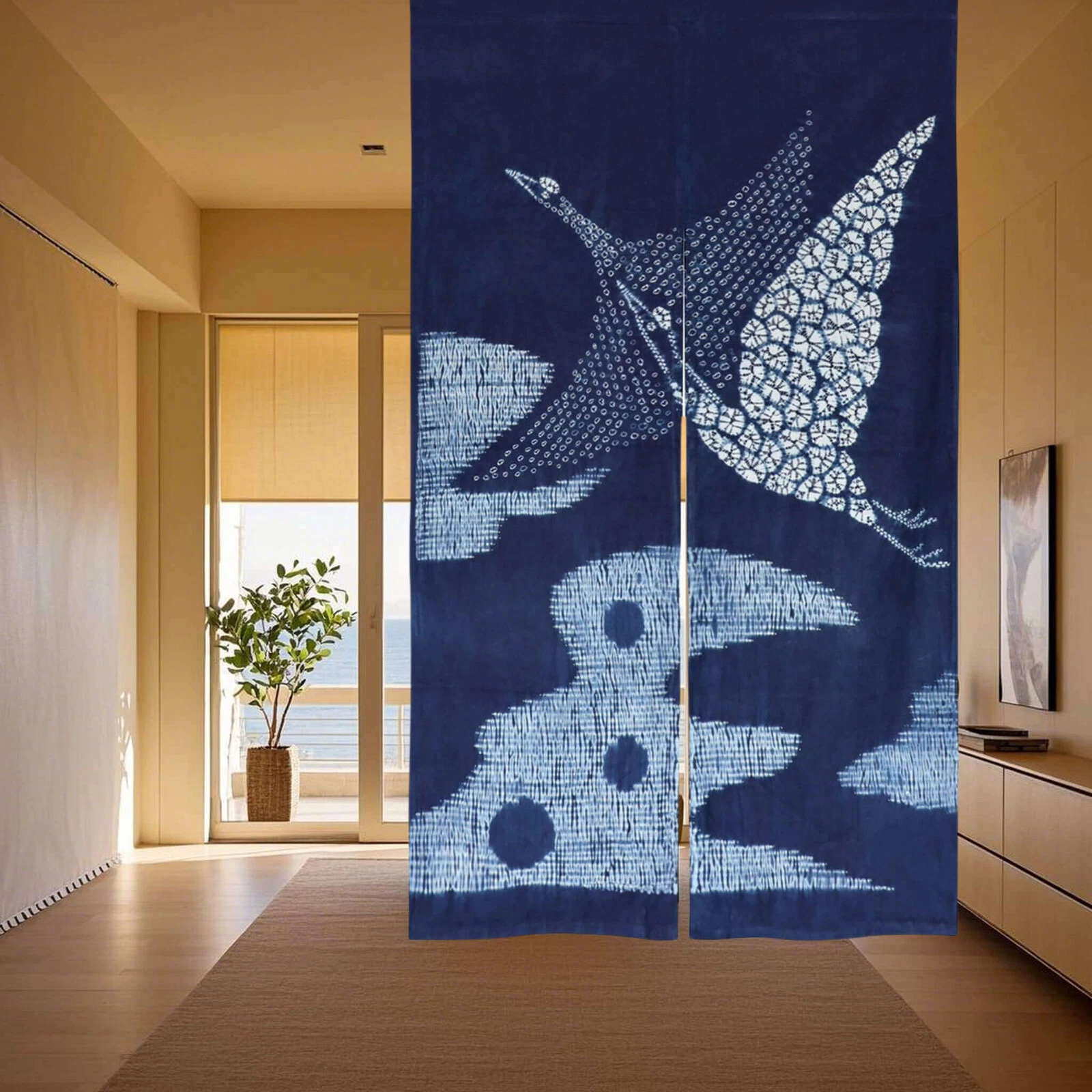 Handmade Japanese Curtain, Shibori Cotton Noren Door Curtain - Flying Cranes