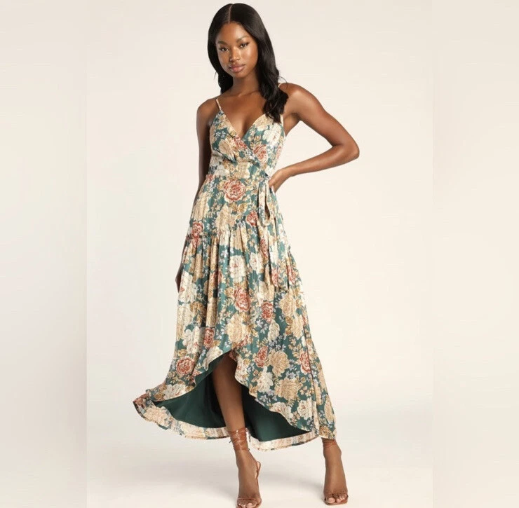 Lulus Botanical Blessings Green Floral Lurex High Low Wrap Midi