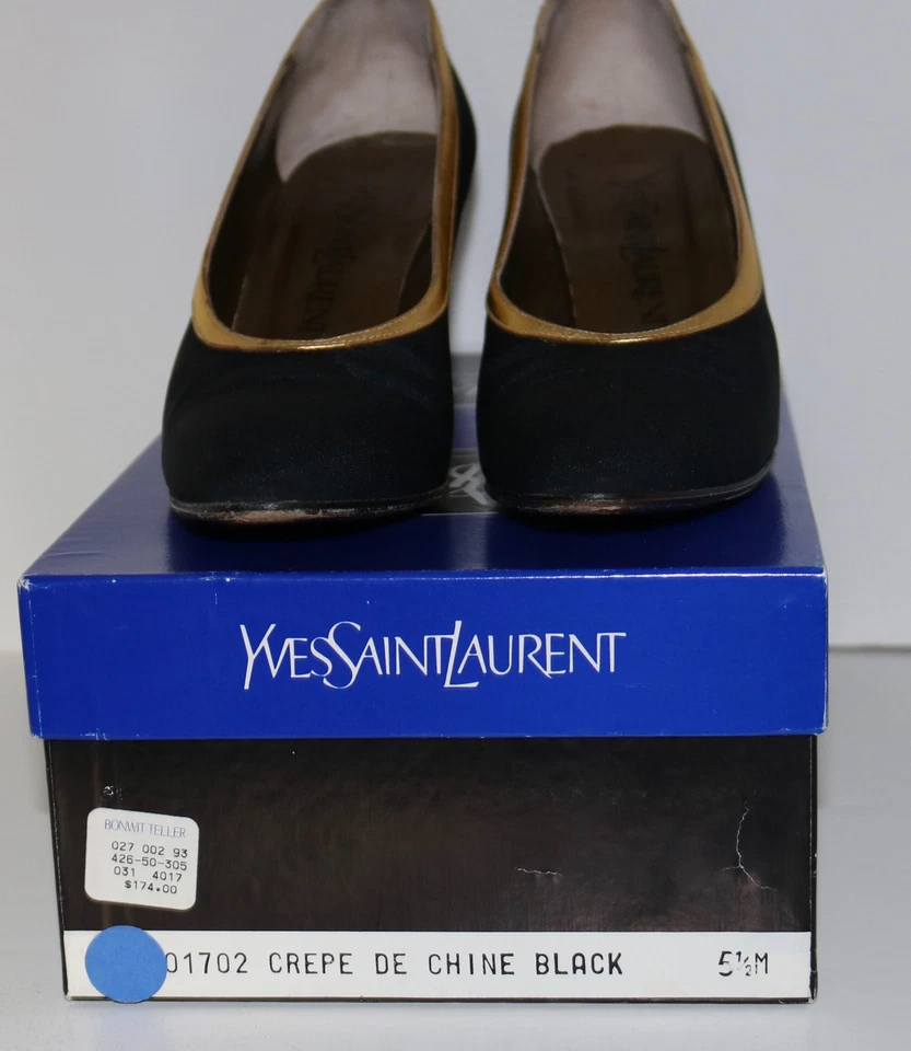 YVES SAINT LAURENT black crepe de chine and metallic gold shoes YSL 5.5 M - Image 2 of 4
