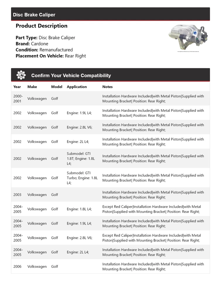 Pinza de freno de disco trasera derecha cardone 2001 2002 para Volkswagen Golf 2000-2006 Foto 2 de 4