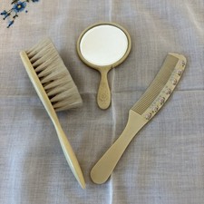 Vintage Baby Brush, Comb, Mirror Set Cream Pink Floral Celluloid Mid Century