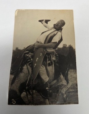 Old Early 1900s Western Rodeo Snapshot Photo   Unidentified Cowboy on Horseback