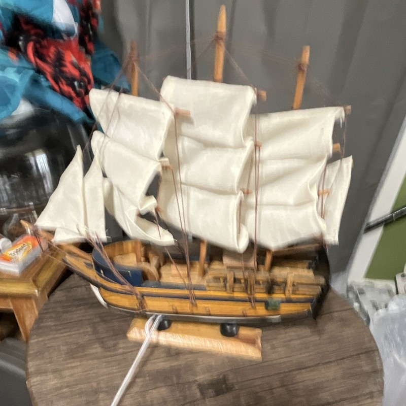 Pre-built Wooden Sailing Ship Model w/ Cloth Sails & Stand, Nautical