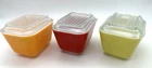 Set of 3 Vintage Pyrex Refrigerator Dishes + Lids - 501 B - Orange, Red, Yellow