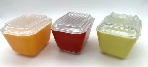 Set of 3 Vintage Pyrex Refrigerator Dishes + Lids - 501 B - Orange, Red, Yellow