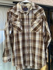 vintage 80s LEVIS BROWN PLAID WESTERN DOUBLE PEARL SNAP POCKET COWBOY SHIRT L