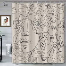 Abstract Face Shower Curtain, Black Lines Women Face Floral Butterfly Silhouette