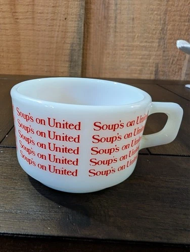 PYREX Airlines Soup Mug Cup Soup's on United Milk Glass RED Vintage