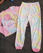 Girl SZ 7/8 Looney Tunes Tweety Tie Dye Jogger Pants LS Shirt Pajama Set 