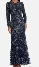 Mac Duggal Women's Blue Long Sleeve Illusion Neckline Embellished Dress Size 8