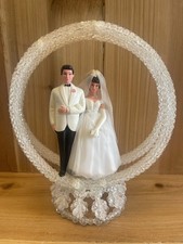 Vintage 1959  s 1960  s Hand Beaded Wedding Cake Topper 7.5  Wilton Plastic Couple