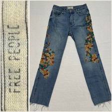 Free People Embroidered Floral Birds Straight Leg Jeans Womens 25 Blue Denim