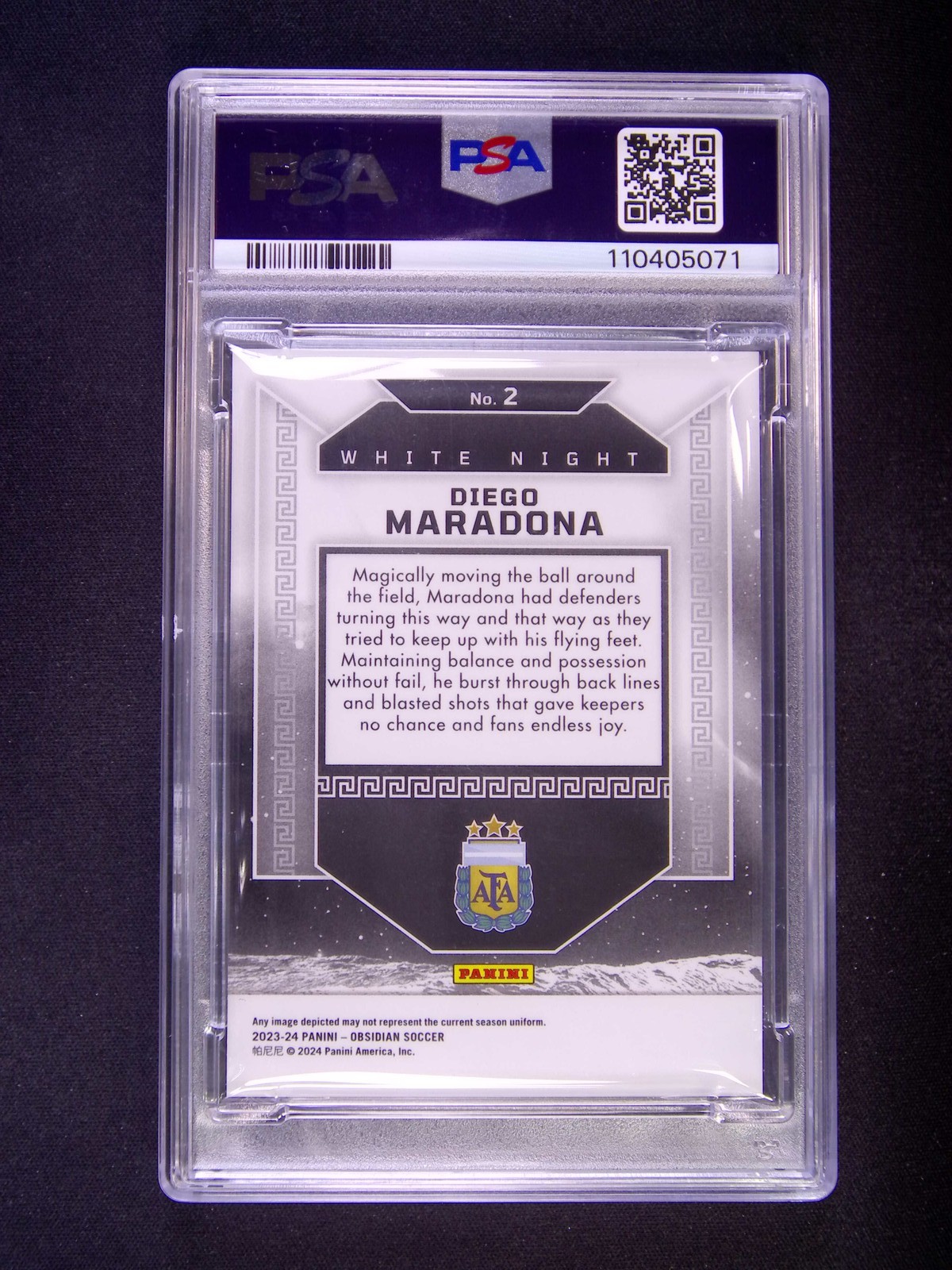 2023-24 Panini Obsidian Diego Maradona #2 White Night Case Hit SSP PSA 9 view 2
