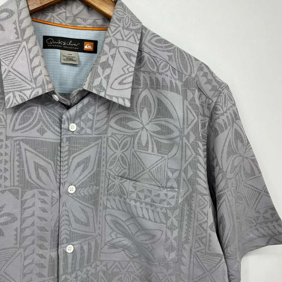 Quiksilver Short Sleeve Button Shirt Men's L Gray Waterman Collection Hawaiian - Image 4 of 4