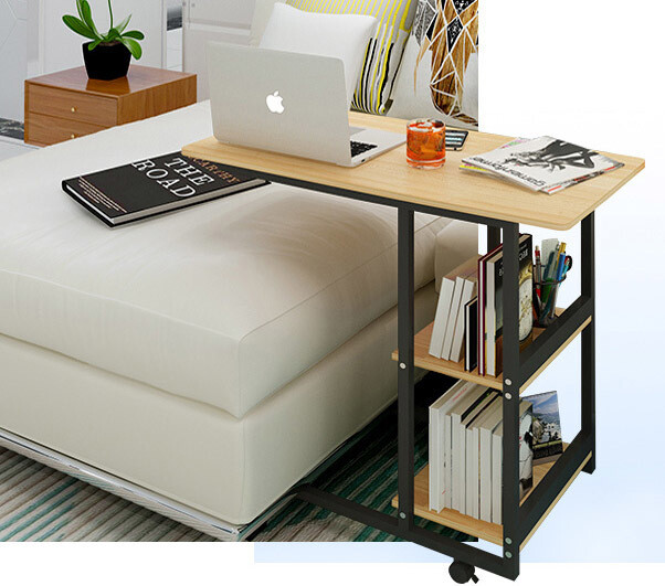 Supreme Sofa Bed Side Table Laptop Desk with Shelves & Wheels (Black