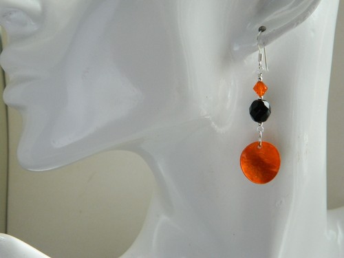 Metallic Orange MoP Shell Discs, French Jet, Crystal & Sterling Silver Earrings - Picture 11 of 14