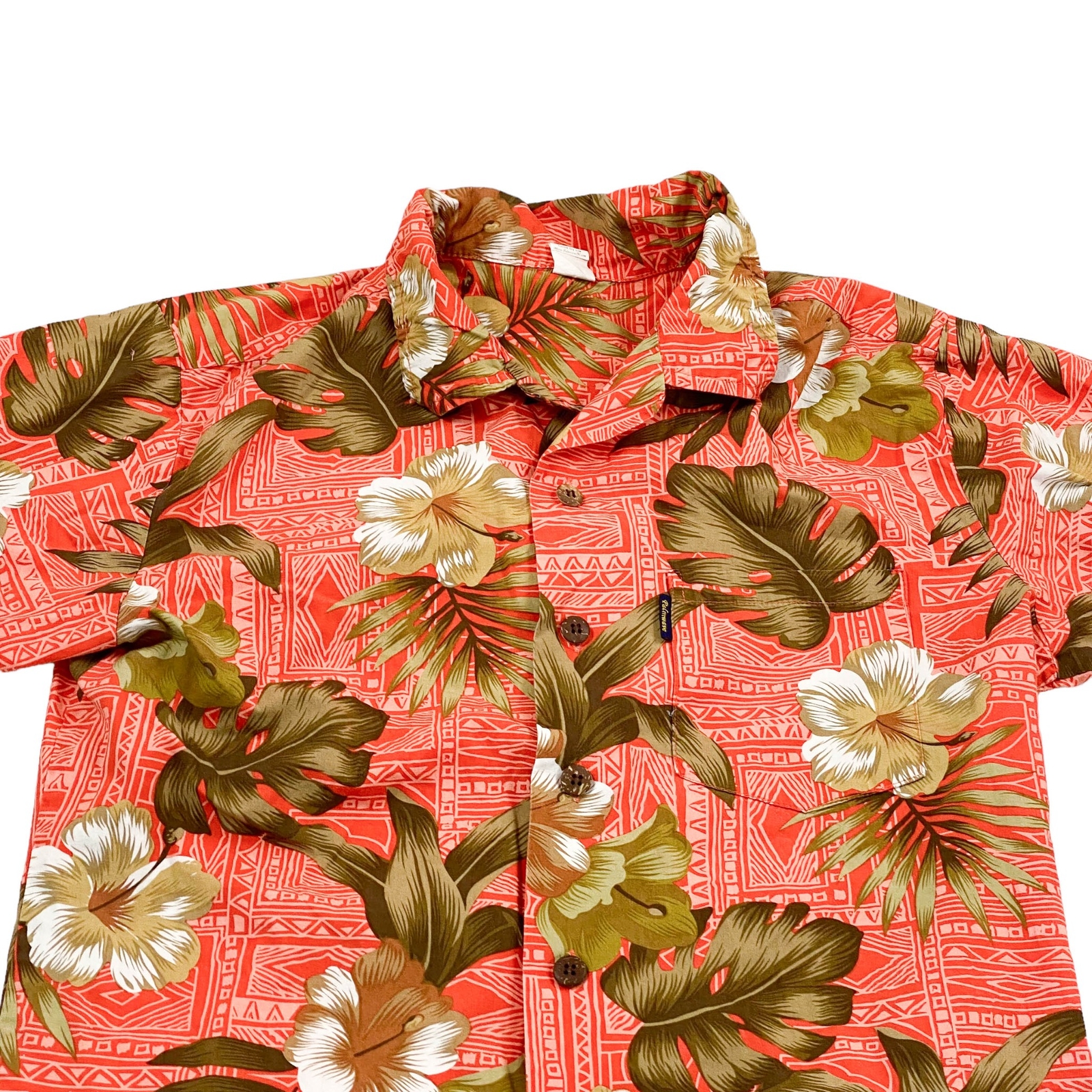 Palmwave Camisa Hawaiana Pequeño Hibisco Flores Tribal Patrón Naranja