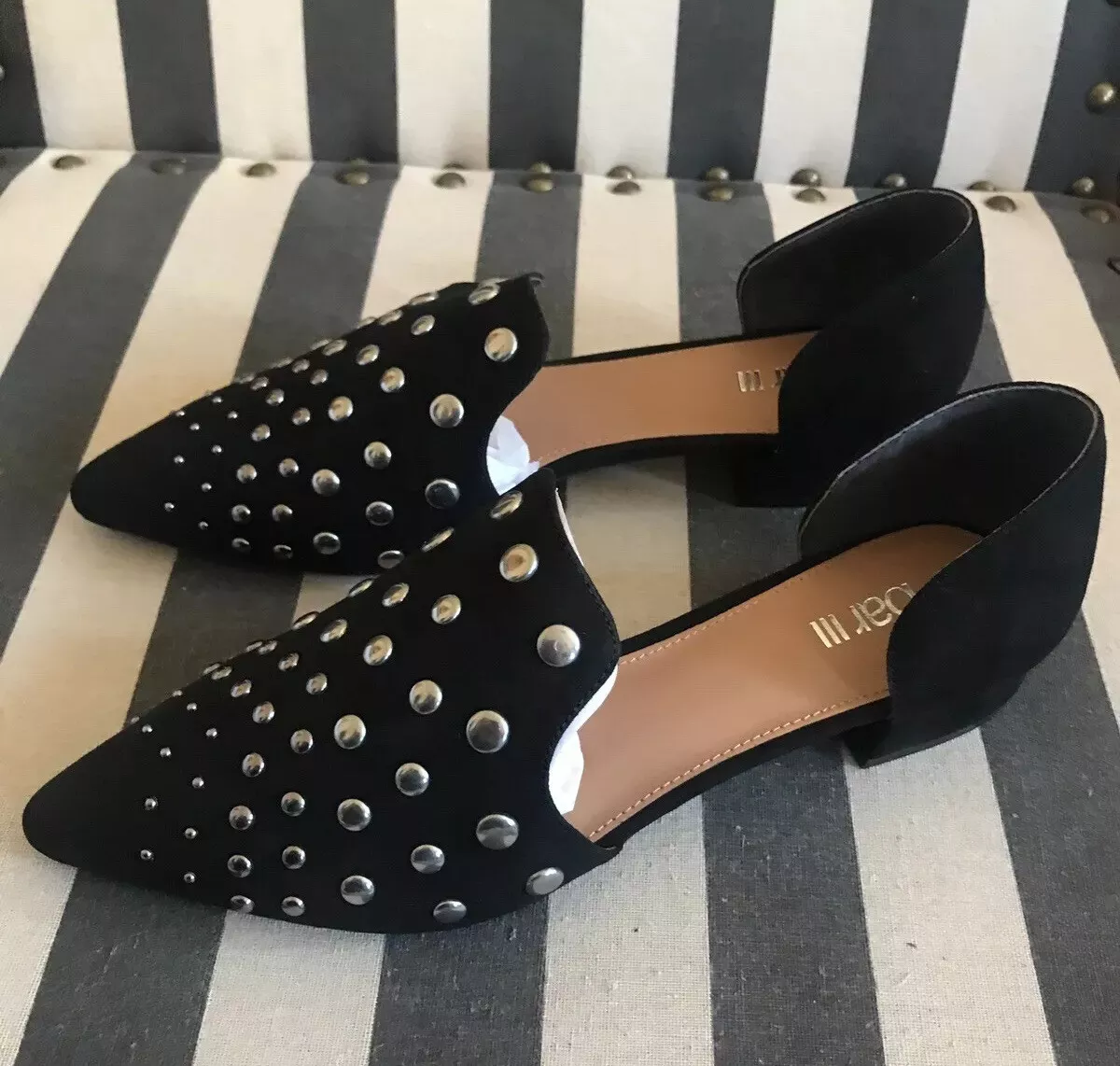 Bar III Womens Canisaf Black Flats Shoes Dorsay Studded Slip On