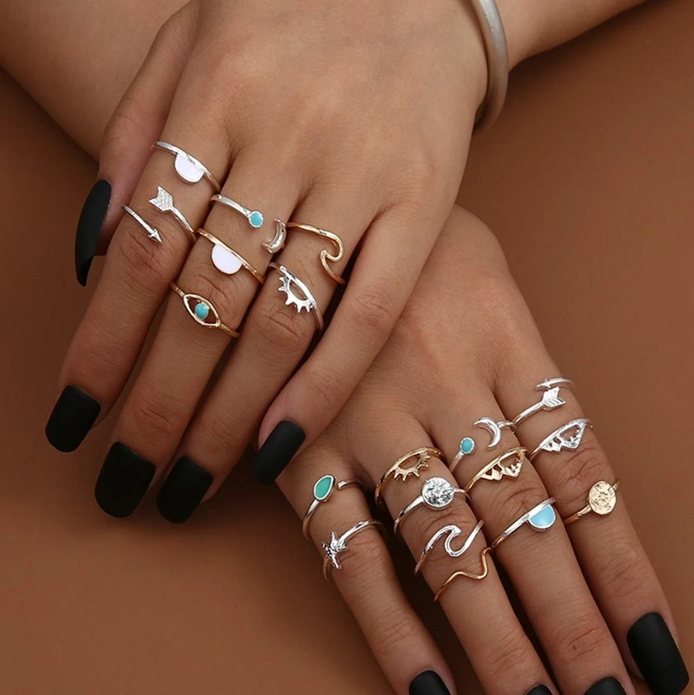 Women Sun Moon Ring Crystal Star Arrow Rings Boho Midi Knuckle