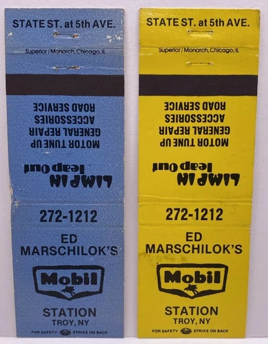 Mobil Gas Station, Troy, New York, Set Of 2, Matchbook Cover