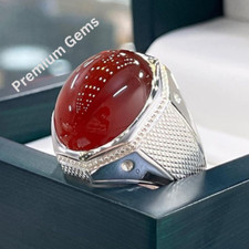 Natural 15 Carat Yemeni Brown Aqeeq Mens Ring Sterling Silver 925 Handmade