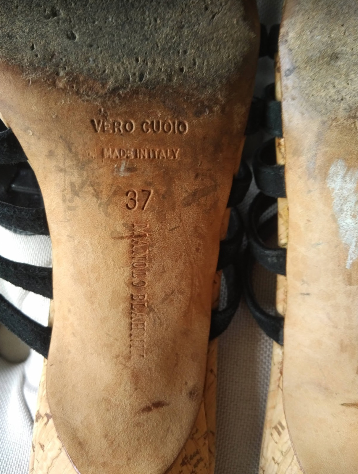 Strappy sandals Manolo Blahnik suede cork black 7… - image 7