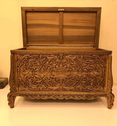 Walnut Wood Trunk Coffee Table, Hand Carved Hope Chest, Turkish Storage Box - Picture 10 of 17