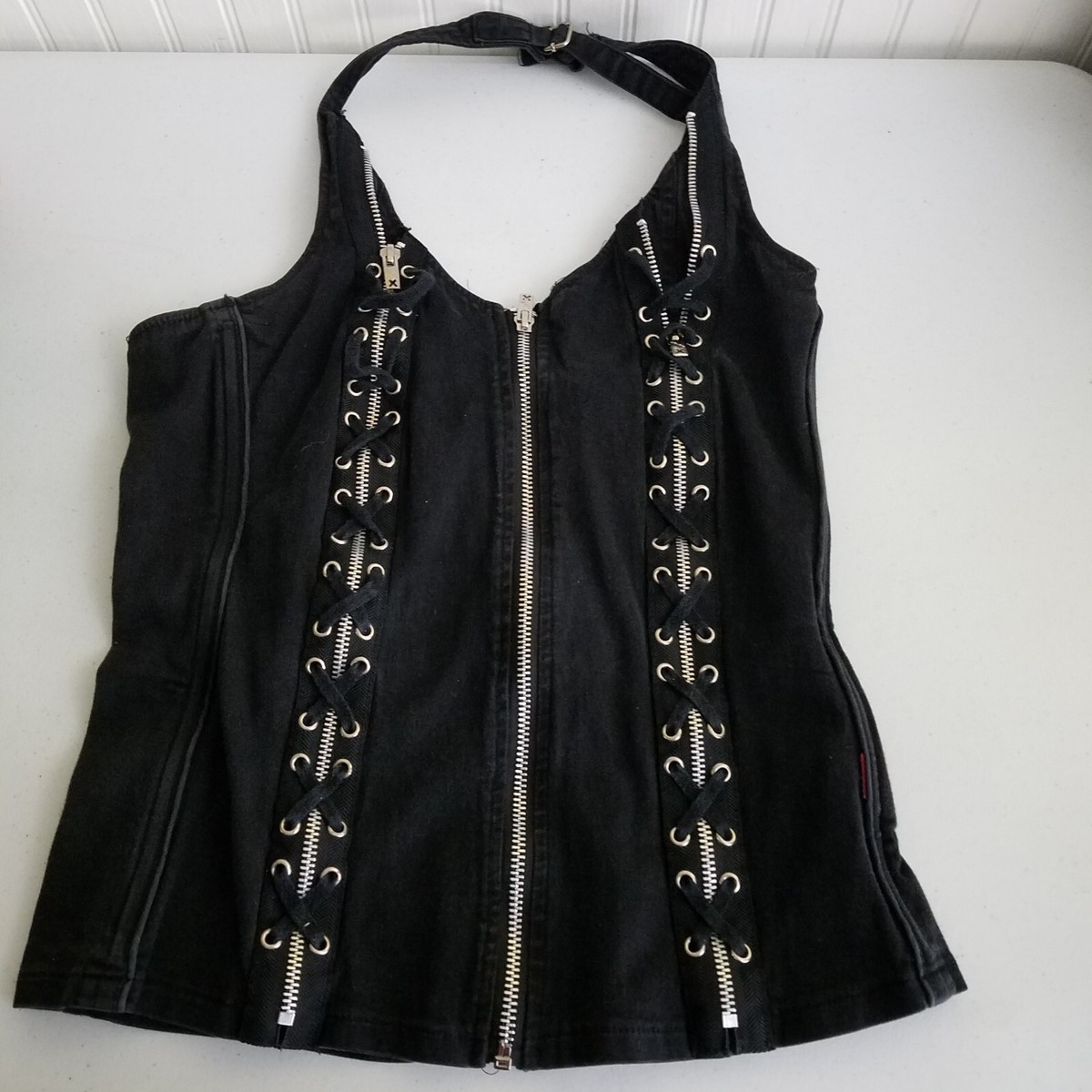 Vtg Y2K Tripp NYC Black Halter Corset Top Lace Up Zippers Womens