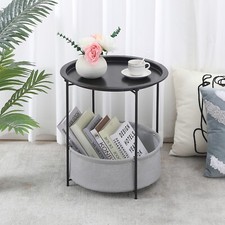 Round Sofa End Table Small Side Table with Fabric Storage Basket Removable Tray