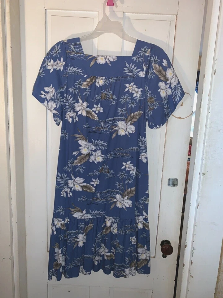 Vintage_Hawaiian Togs_Muu Muu_Salón_Vestido_Floral_Azul-M BUSTO=34-38 Foto 4 de 4