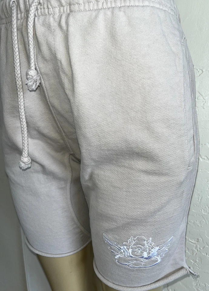 Shorts de moletom masculino deitado de dentro para fora bege algodão pesado logotipo anjo terry francês-S - Imagem 2 de 4